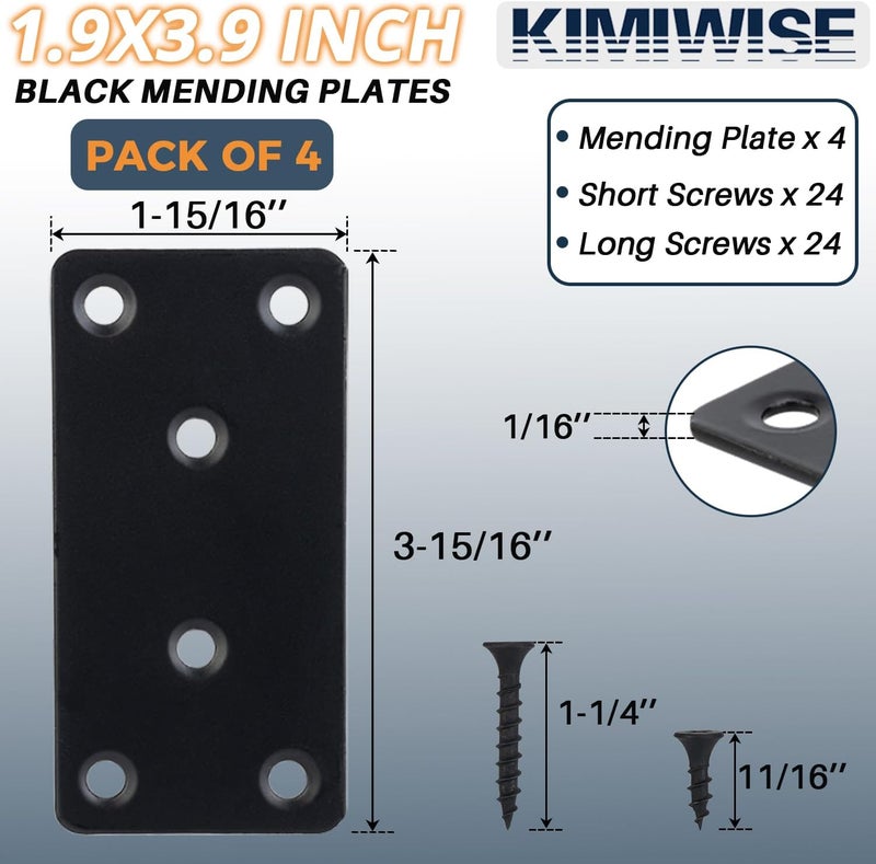 KIMIWISE 4 Pcs Flat Mending Plate, 1.9''x3.9'' Black Stainless Steel Metal Flat Straight Brace Bracket, Fixing Brace Joining Plates for Furniture, Wood, Shelves, Cabinet with 2 Different Lengths of Screws - Image 2